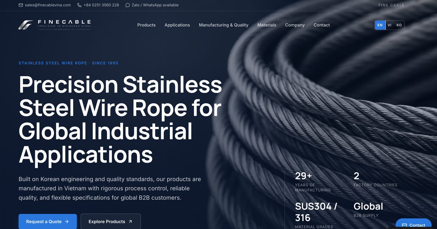 Fine Cable Vina B2B website hero section designed and built by eflow